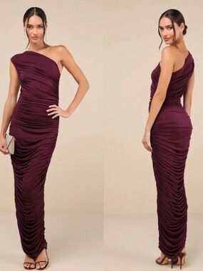 Lulus Burgundy One-Shoulder Ruched Maxi Dress Small NWT